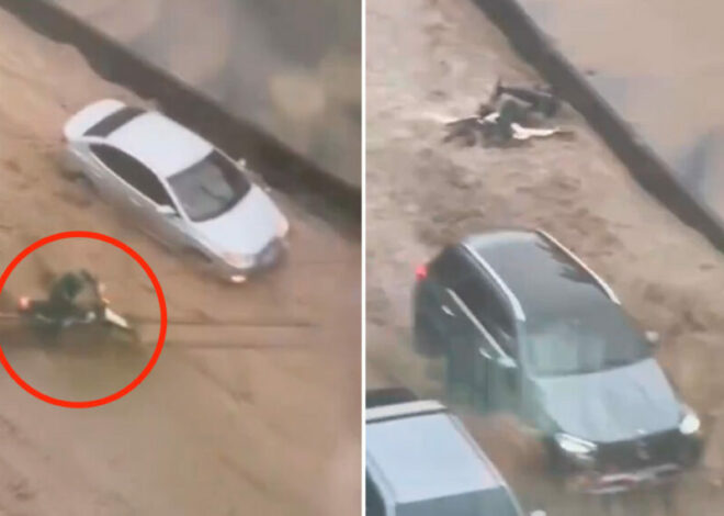 Motorista es arrastrado por correntada en carretera a El Salvador; logró salvarse y trató de rescatar moto (VIDEO)