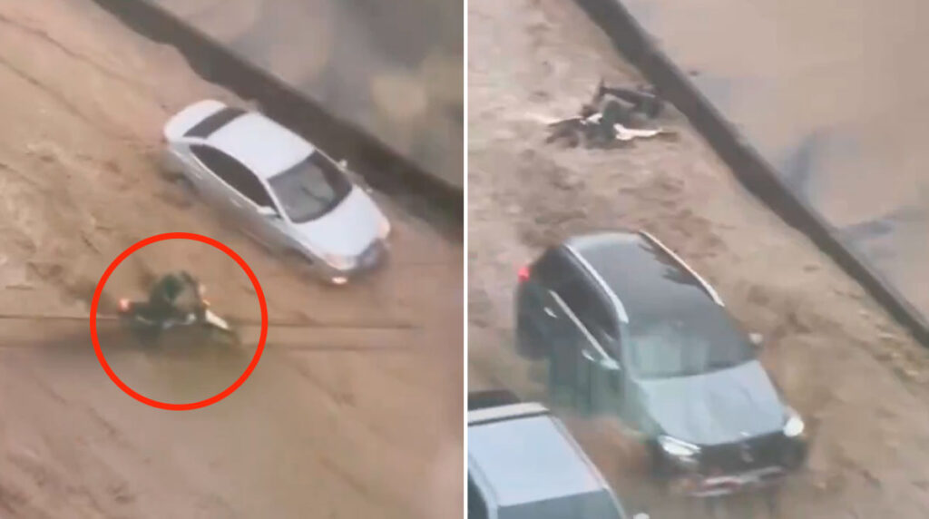 Motorista es arrastrado por correntada en carretera a El Salvador; logró salvarse y trató de rescatar moto (VIDEO)