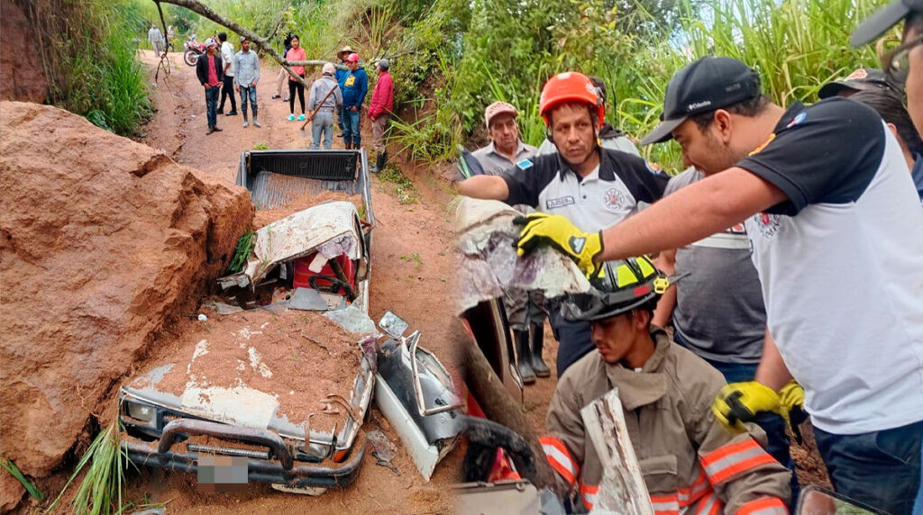 Pickup queda atrapado por deslizamiento de tierra en Santa Rosa con pasajeros dentro