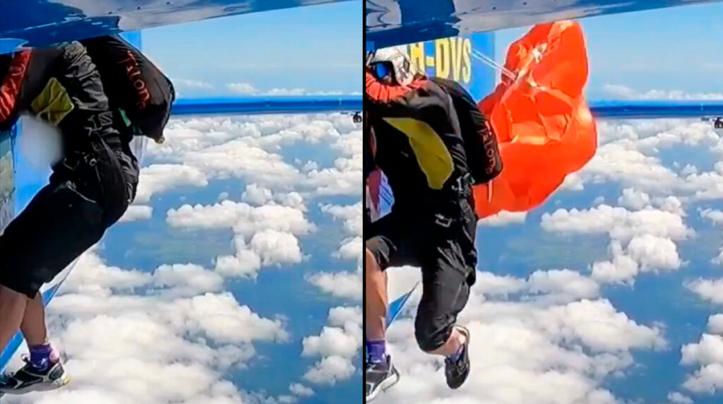¡Terror! Paracaidista queda colgando de la cola del avión en pleno salto (VIDEO)